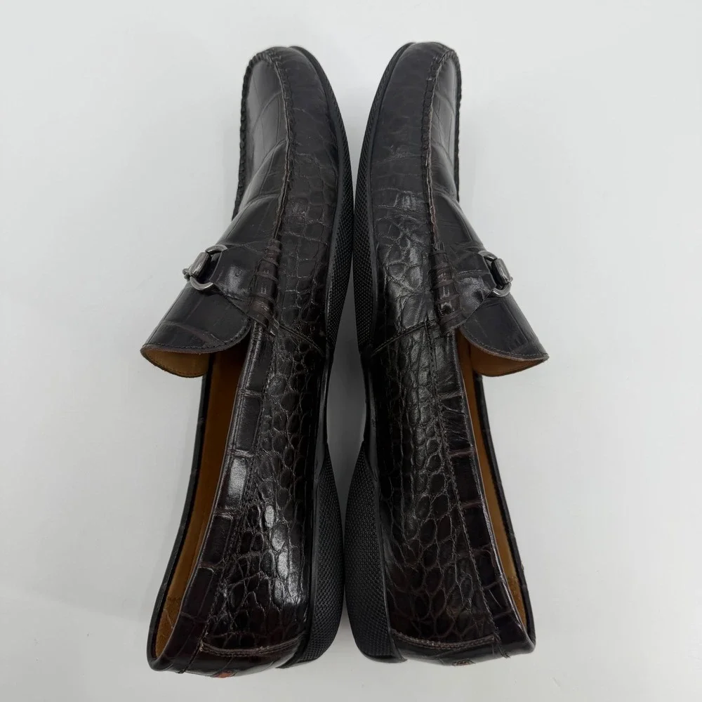 Peter Millar Mens Dark Brown Croc Embossed Leather Bit Loafers 12.5 M 14488